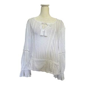 Lucky Brand White Boho Peasant Blouse with Lace Detail Size Medium